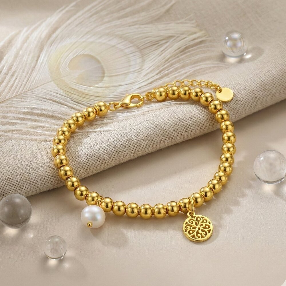 18K Gold Plated Steel Beaded Bracelet Filigree Mandala Pearl Charm Boho Gift